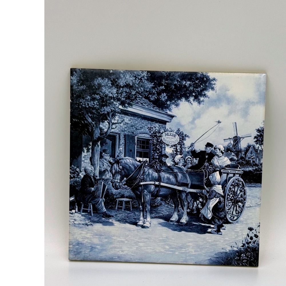 Vintage Mosa Holland Delft Blue Ceramic Tile Horse Carriage Windmill Scene 6x6